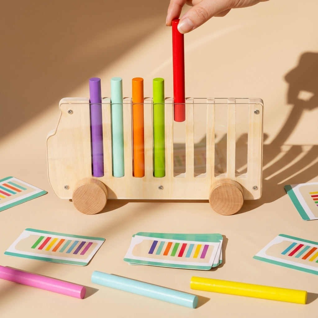Bus en Bois Montessori – Jeu d’Empilement de Bâtonnets Colorés
