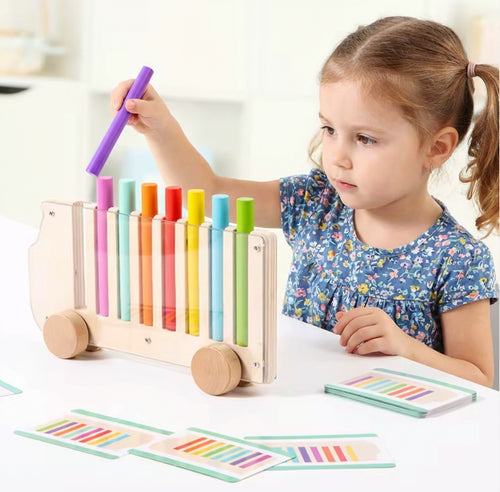 Bus en Bois Montessori – Jeu d’Empilement de Bâtonnets Colorés